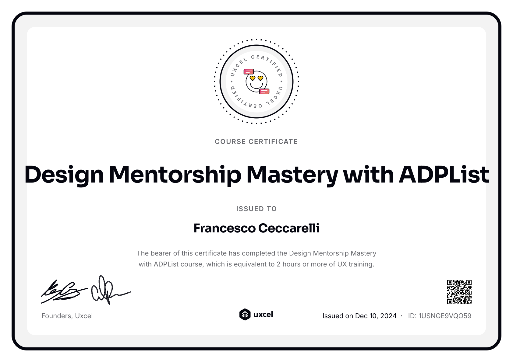 Francesco Ceccarelli's certificate